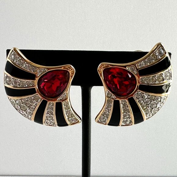 Swarovski Clip On Earrings Red Crystal Fan - Picture 2 of 10